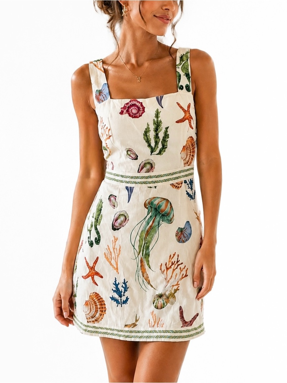 Caroline Constas Cream Nautical Seashell Print 🐚 Square-Neck Mini Dress
